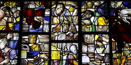 Gouda, the Nehterlands - April 20, 2023: The Stained glass windows in the Sint Janskerk