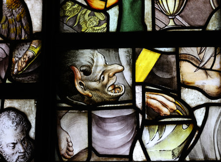 Gouda, the Nehterlands - April 20, 2023: The Stained glass windows in the Sint Janskerkのeditorial素材