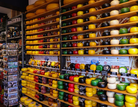 Gouda, the Nehterlands - April 20, 2023: Display of traditional Dutch cheese at local cheese shop in Gouda, the Netherlandsのeditorial素材