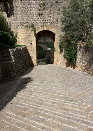 Porta Fiorentina city gate in Monteriggioni medieval walled town near Siena in Tuscany, Italyの写真素材