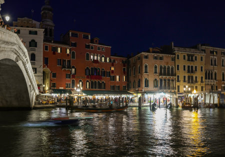 Venice, Italy - September 4, 2022: The Grand Canal near the Rialto Bridge at nightのeditorial素材