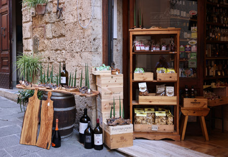Massa Italy - Sept 11, 2022: A shop selling local and typical italian produce in the historic center of Massa Maritima. Tuscans.のeditorial素材