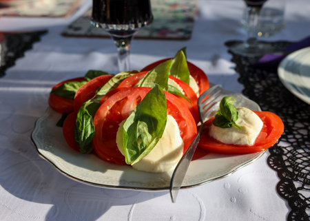 Tasty mozzarella cheese with basil and tomatoes on white plateの写真素材