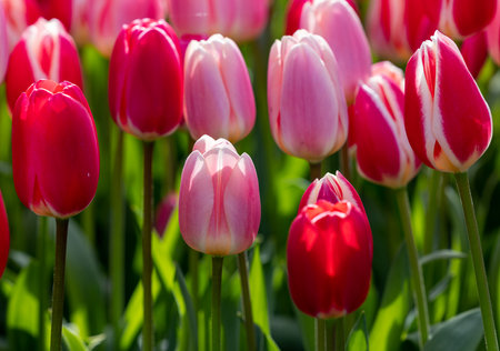 red and pink tulips blooming in a gardenの写真素材