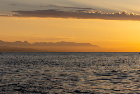 View from Torremolinos towards Malaga at sunrise. Costa del Sol, Spain.の写真素材