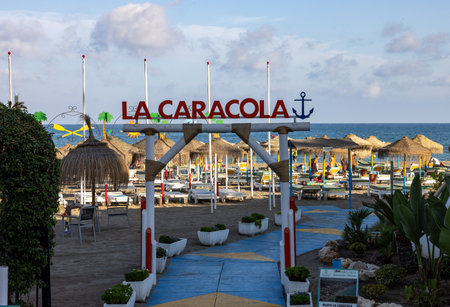 Torremolinos, Spain - September 9, 2023: View of La caracola beach in Torremolinos, Malaga, Costa del Sol, Spainのeditorial素材