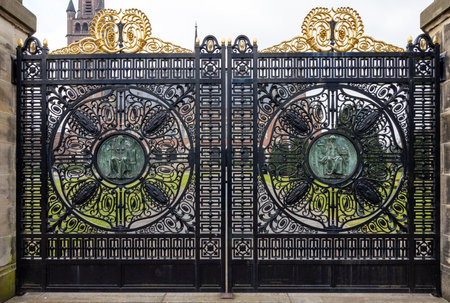 The Hague, Netherlands - April 17, 2023: Figure of Justice and Harmony on the black wrought iron gates of the Peace Palace in The Hague, which houses the International Court of Justiceのeditorial素材