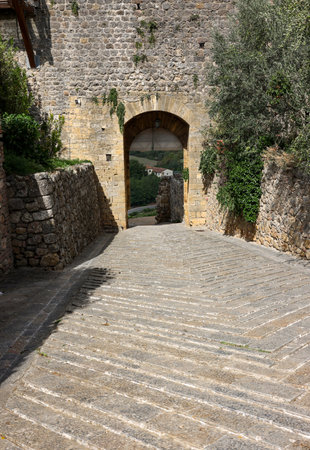 Porta Fiorentina city gate in Monteriggioni medieval walled town near Siena in Tuscany, Italyの写真素材