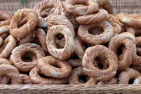 Traditional Cracovian prezels with salt, poppy and sesame seedsの写真素材