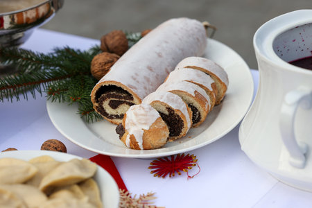 Baked roll stuffed with poppy seedsの写真素材