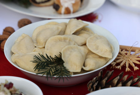 Traditional polish dumplings called - pierogi ruskieの写真素材