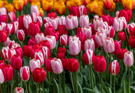 red and pink tulips blooming in a gardenの写真素材