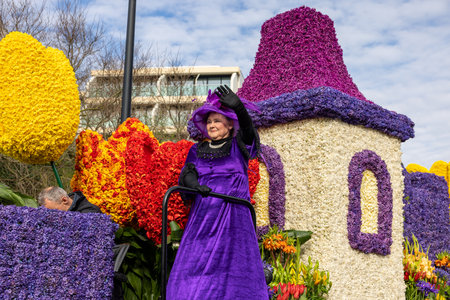 Noordwijk, Netherlands - April 22, 2023: Spectacular flower covered floats in the Bloemencorso Bollenstreek the annual spring flower parade from Noordwijk to Haarlem in the Netherlands.のeditorial素材