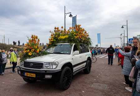 Noordwijk, Netherlands - April 22, 2023: Spectacular flower covered floats in the Bloemencorso Bollenstreek the annual spring flower parade from Noordwijk to Haarlem in the Netherlands.のeditorial素材