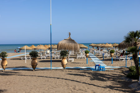 Torremolinos, Spain - September 15, 2023: La Carihuela beach in Torremolinos, Malaga, Costa del Sol, Spainのeditorial素材