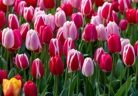 red and pink tulips blooming in a gardenの写真素材