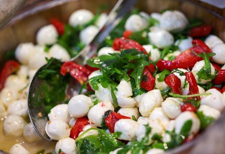 Salad with mozzarella, arugula and peppersの写真素材