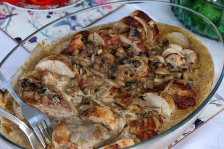 Slices of pork tenderloin in mushroom sauceの写真素材
