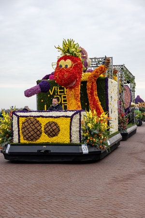 Noordwijk, Netherlands - April 22, 2023: Spectacular flower covered floats in the Bloemencorso Bollenstreek the annual spring flower parade from Noordwijk to Haarlem in the Netherlands.のeditorial素材