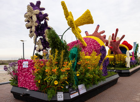 Noordwijk, Netherlands - April 22, 2023: Spectacular flower covered floats in the Bloemencorso...