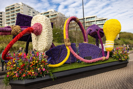 Noordwijk, Netherlands - April 22, 2023: Spectacular flower covered floats in the Bloemencorso Bollenstreek the annual spring flower parade from Noordwijk to Haarlem in the Netherlands.のeditorial素材