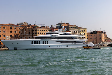 Venice, Italy - Sept 6, 2022: Moored in Venice Specter is a 69 meter superyacht built by Benetti for John Staluppi, American entrepreneur with a wholesome passion for James Bond's sagaのeditorial素材