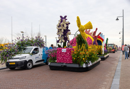 Noordwijk, Netherlands - April 22, 2023: Spectacular flower covered floats in the Bloemencorso...