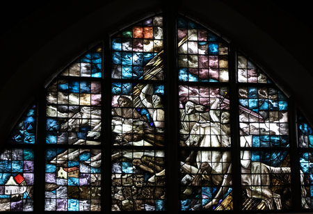 Gouda, the Nehterlands - April 20, 2023: The Stained glass number 28a The Liberation window;1947 by Charles Eyck in the Sint Janskerkのeditorial素材