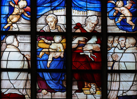 Gouda, the Nehterlands - April 20, 2023: The Stained glass number 11 - Birth of John the Baptist by Lambert van Noort in the Sint Janskerkのeditorial素材