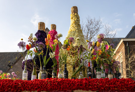 Noordwijkerhout, Netherlands - April 21, 2023: Drinks bar made of tulips and hyacinths presented before the evening illuminated Flower Parade Bollenstreek in Noordwijkerhoutのeditorial素材