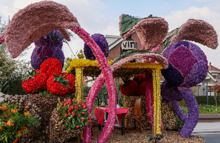 Noordwijkerhout, Netherlands - April 21, 2023: Flowers floats prepared for the evening illuminated Flower Parade Bollenstreek in Noordwijkerhoutのeditorial素材