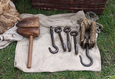 Handmade imitations of medieval tools in knight camp at the festival of historical reconstruction in Cracow. Polandの写真素材