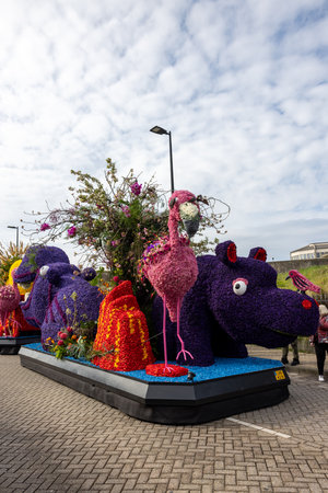 Noordwijk, Netherlands - April 22, 2023: Spectacular flower covered floats in the Bloemencorso Bollenstreek the annual spring flower parade from Noordwijk to Haarlem in the Netherlands.のeditorial素材