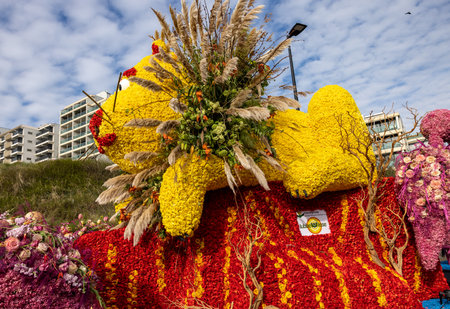 Noordwijk, Netherlands - April 22, 2023: Spectacular flower covered floats in the Bloemencorso Bollenstreek the annual spring flower parade from Noordwijk to Haarlem in the Netherlands.のeditorial素材
