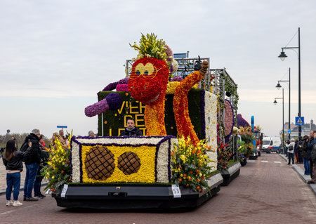 Noordwijk, Netherlands - April 22, 2023: Spectacular flower covered floats in the Bloemencorso Bollenstreek the annual spring flower parade from Noordwijk to Haarlem in the Netherlands.のeditorial素材