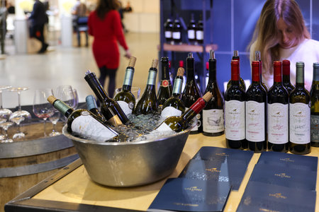 Cracow, Poland - November 17, 2022: International Wine Trade Fair ENOEXPO in Cracow. Producers of wine from all around the world meet the importers distributors and representatives.のeditorial素材