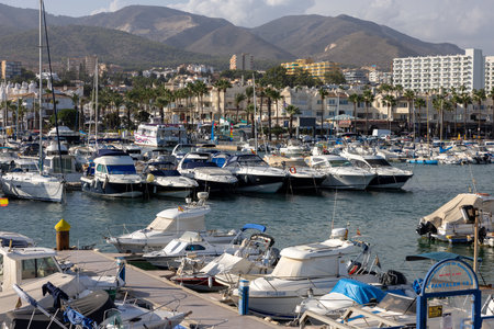 Benalmadena, Spain - September 15, 2023: Boats and yachts moored at Puerto Marina in Benalmadena, Costa del Sol Malaga, Spain. This marina has berths for 1100 boatのeditorial素材