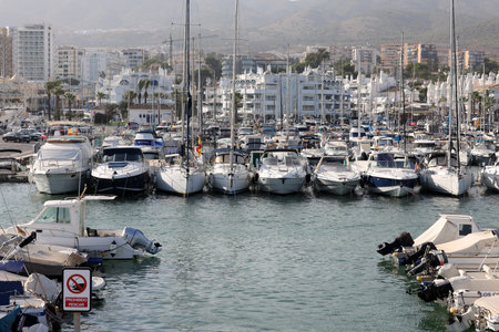 Benalmadena, Spain - September 15, 2023: Boats and yachts moored at Puerto Marina in Benalmadena, Costa del Sol Malaga, Spain. This marina has berths for 1100 boatのeditorial素材