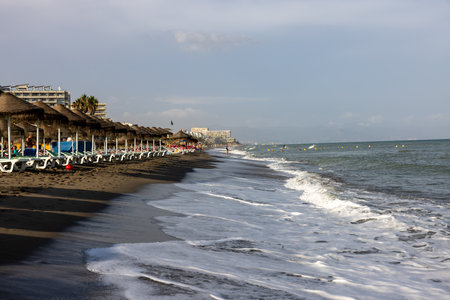 Torremolinos, Spain - September 15, 2023: La Carihuela beach in Torremolinos, Malaga, Costa del Sol, Spainのeditorial素材