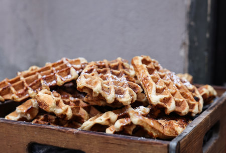a stack of waffles sprinkled with powdered sugar