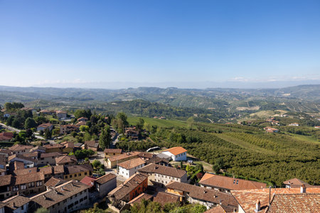 View of the Langhe-Roero hills and vineyards from Diano d'Alba in Piedmont. Italyの写真素材