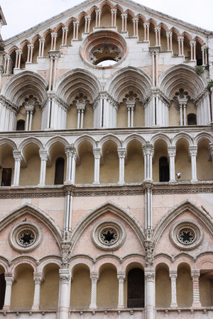 Facade of Ferrara cathedral, Basilica Cattedrale di San Giorgio, Ferrara, Italyの写真素材
