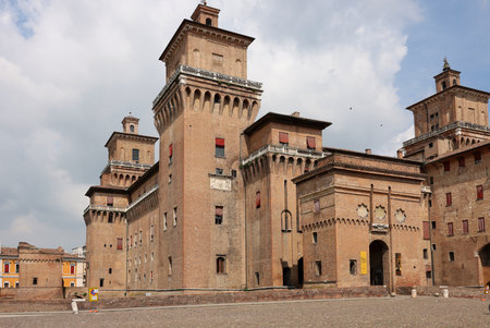 Castle Estense, a four towered fortress from the 14th century, Ferrara, Emilia-Romagna, Italyの写真素材