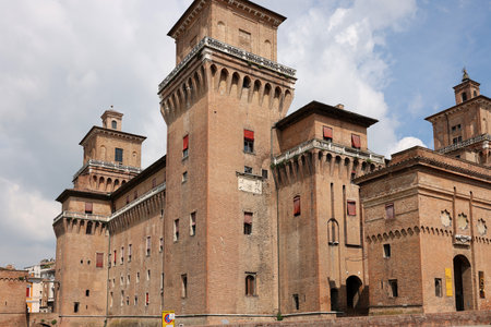 Castle Estense, a four towered fortress from the 14th century, Ferrara, Emilia-Romagna, Italyの写真素材