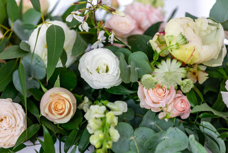 Beautiful floral bouquet with roses, carnations and astrantiaの写真素材