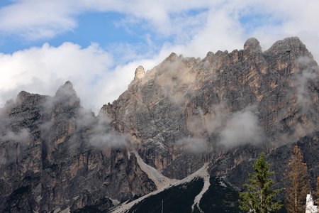 View from Cortina d'Ampezzo towards the Cristallo range and the Pomocgnon peak, Ampezzo Dolomites, Alps, Italyの写真素材