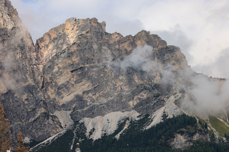 View from Cortina d'Ampezzo towards the Cristallo range and the Pomocgnon peak, Ampezzo Dolomites, Alps, Italyの写真素材