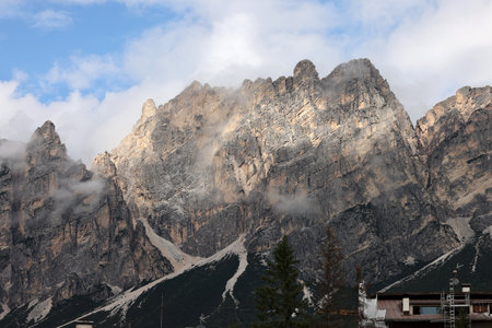 View from Cortina d'Ampezzo towards the Cristallo range and the Pomocgnon peak, Ampezzo Dolomites, Alps, Italyの写真素材