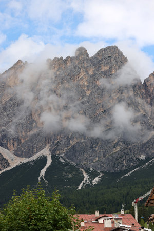 View from Cortina d'Ampezzo towards the Cristallo range and the Pomocgnon peak, Ampezzo Dolomites, Alps, Italyの写真素材