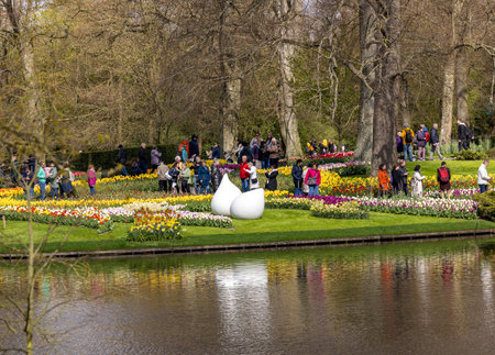 Keukenhof, Lisse Netherlands - April 18, 2023: Visitors at the Keukenhof Garden in Lisse, Netherlands.のeditorial素材